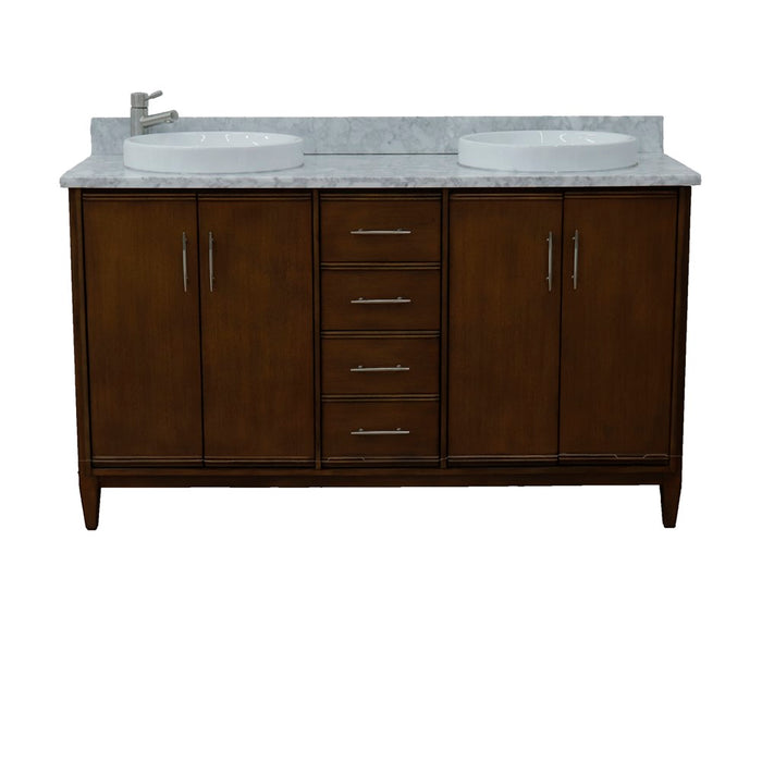 Bellaterra Home 61 in. Double Sink Vanity in Walnut Finish with White Carrara Marble and Round Sink