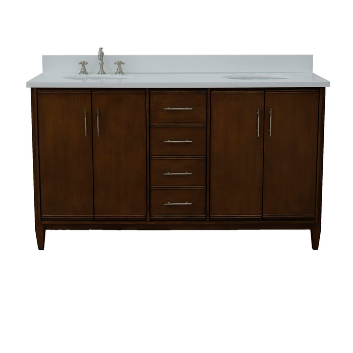 Bellaterra Home 61 in. Double Sink Vanity in Walnut Finish with White Quartz and Oval Sink