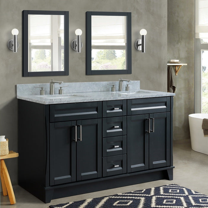 Bellaterra Home 61 in. Double Sink Vanity in Dark Gray Finish and White Carrara Marble and Rectangle Sink