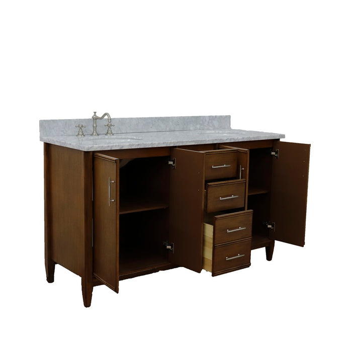 Bellaterra Home 61 in. Double Sink Vanity in Walnut Finish with White Carrara Marble and Oval Sink