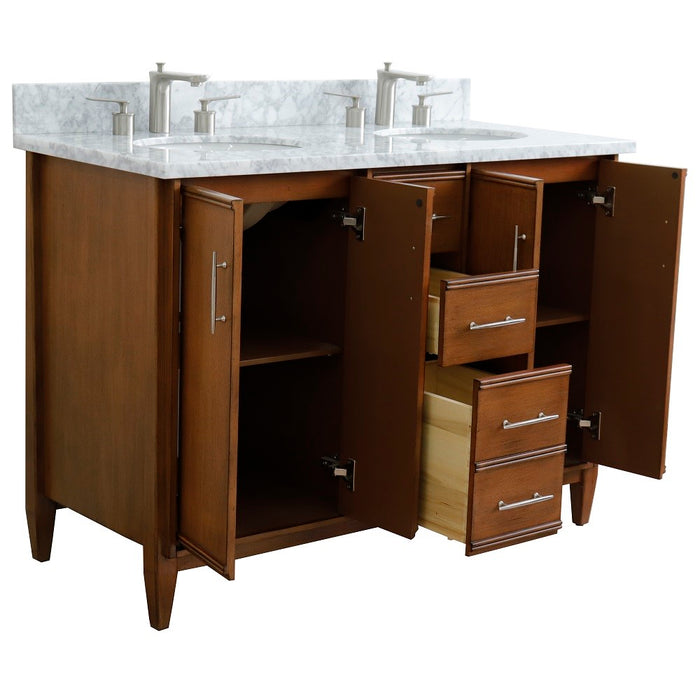 Bellaterra Home 49 in. Double Sink Vanity in Walnut Finish with White Carrara Marble and Oval Sink