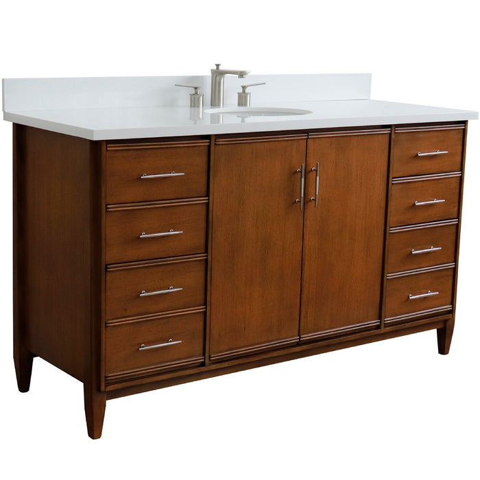 Bellaterra Home 61 in. Single Sink Vanity in Walnut Finish with White Quartz and Oval Sink