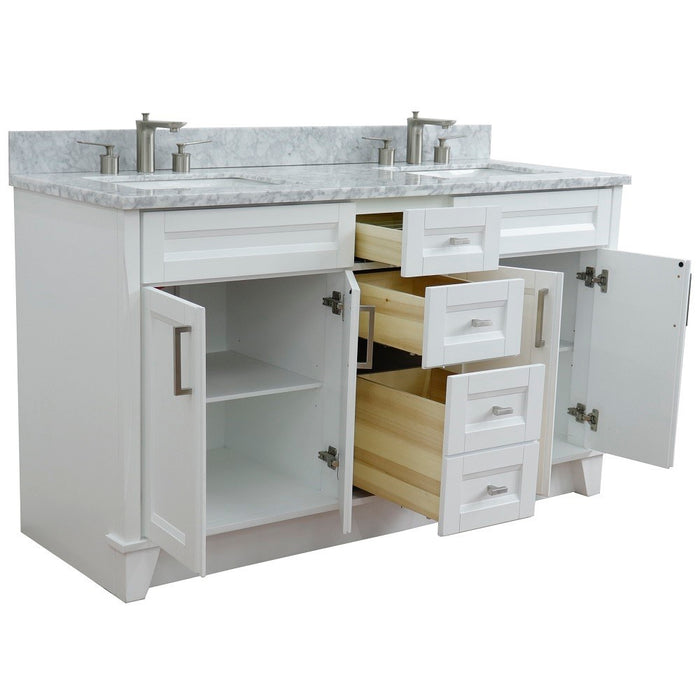 Bellaterra Home 61 in. Double Sink Vanity in White Finish and White Carrara Marble and Rectangle Sink