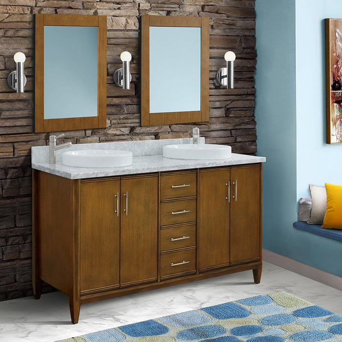 Bellaterra Home 61 in. Double Sink Vanity in Walnut Finish with White Carrara Marble and Round Sink