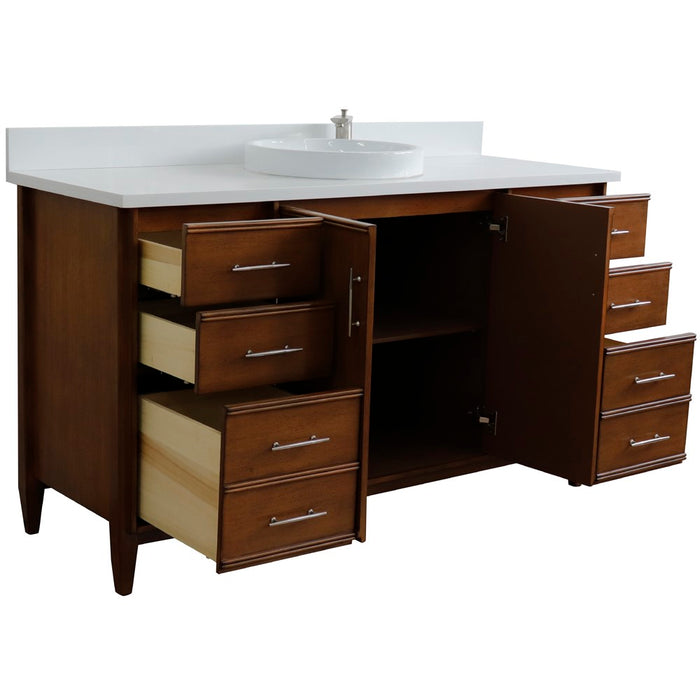 Bellaterra Home 61 in. Single Sink Vanity in Walnut Finish with White Quartz and Round Sink