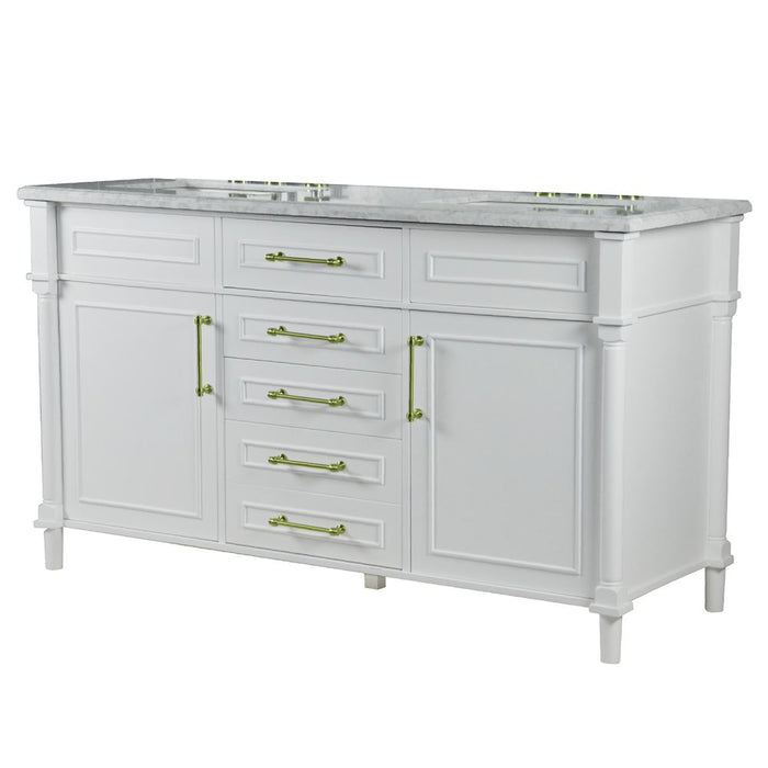 Bellaterra Home Napa 60 in. Double Vanity in White with White Carrara Marble Top with Gold Hardware