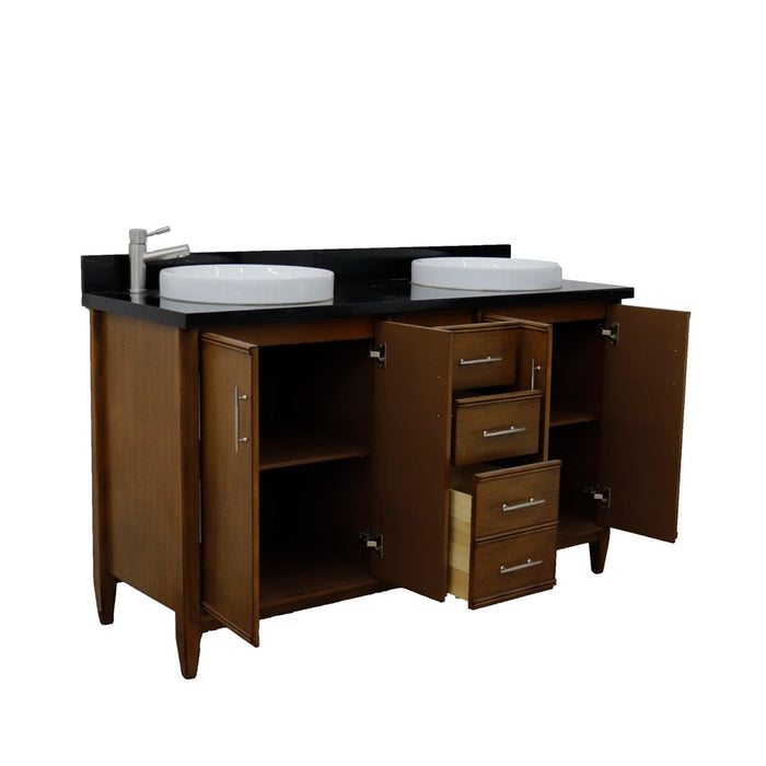 Bellaterra Home 61 in. Double Sink Vanity in Walnut Finish with Black Galaxy Granite and Round Sink