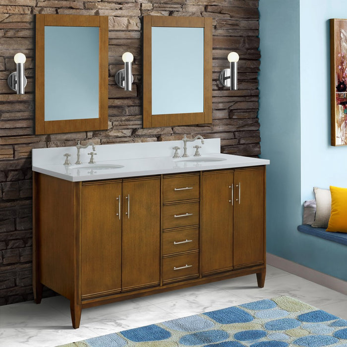 Bellaterra Home 61 in. Double Sink Vanity in Walnut Finish with White Quartz and Oval Sink