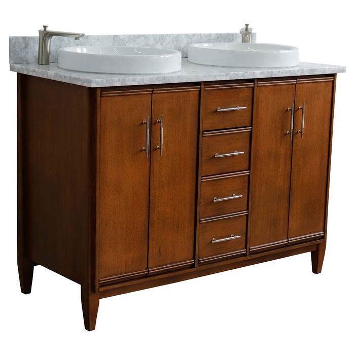 Bellaterra Home 49 in. Double Sink Vanity in Walnut Finish with White Carrara Marble and Round Sink