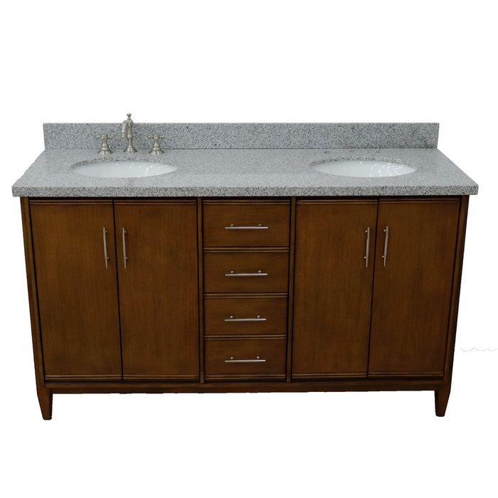 Bellaterra Home 61 in. Double Sink Vanity in Walnut Finish with Gray Granite and Oval Sink