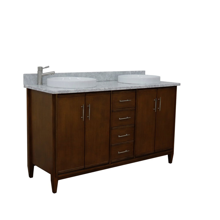 Bellaterra Home 61 in. Double Sink Vanity in Walnut Finish with White Carrara Marble and Round Sink