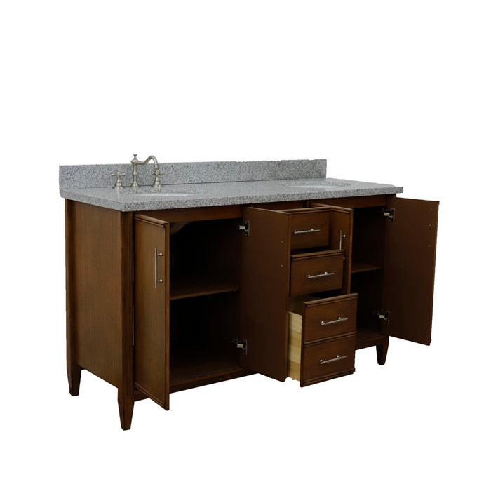 Bellaterra Home 61 in. Double Sink Vanity in Walnut Finish with Gray Granite and Oval Sink