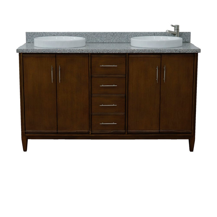 Bellaterra Home 61 in. Double Sink Vanity in Walnut Finish with Gray Granite and Round Sink