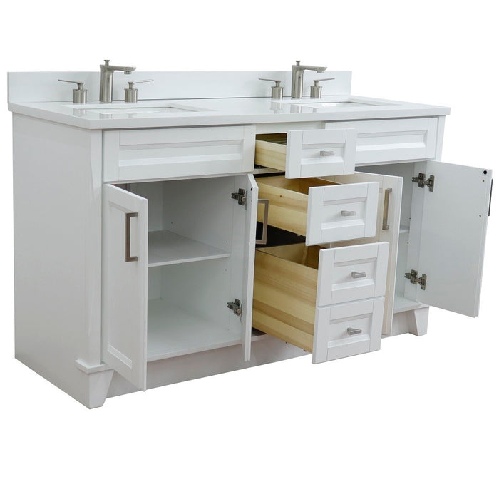 Bellaterra Home 61 in. Double Sink Vanity in White Finish and White Quartz and Rectangle Sink