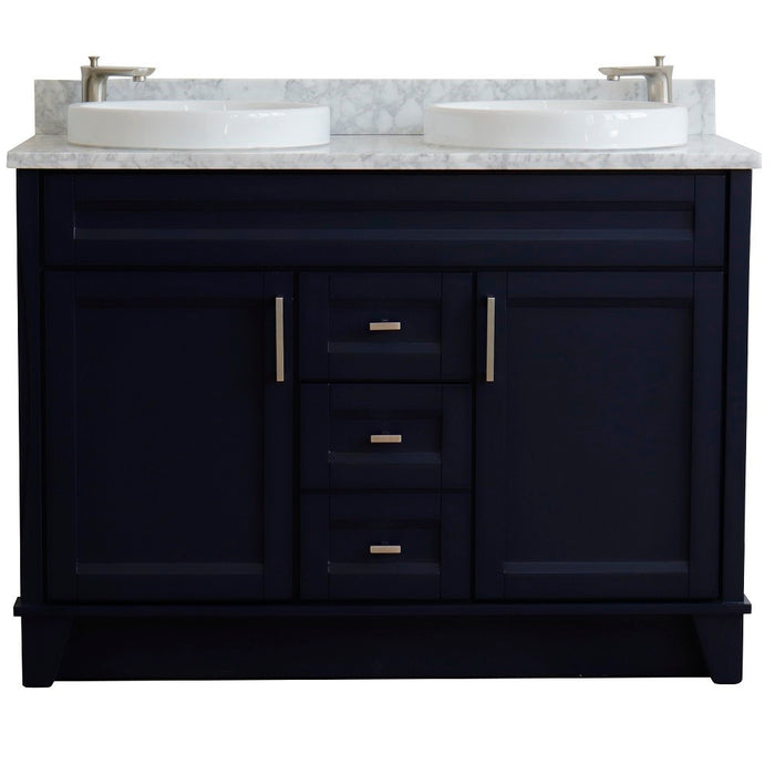 Bellaterra Home 49 in. Double Sink Vanity in Blue Finish with White Carrara Marble and Round Sink