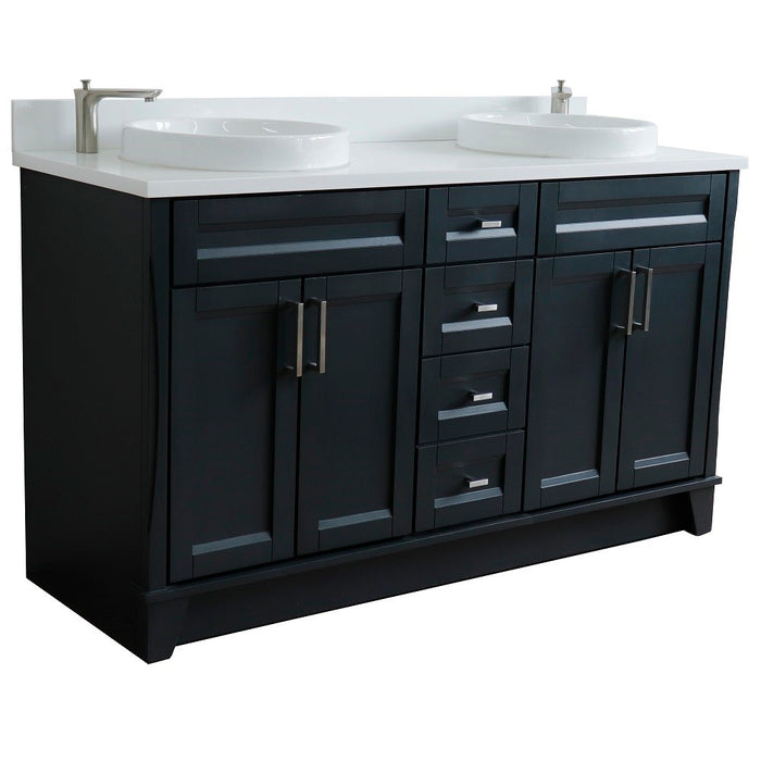 Bellaterra Home 61 in. Double Sink Vanity in Dark Gray Finish and White Quartz and Round Sink