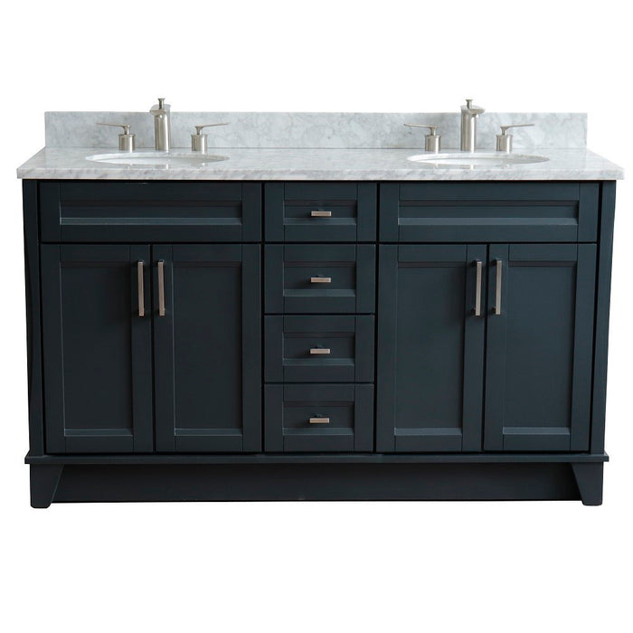 Bellaterra Home 61 in. Double Sink Vanity in Dark Gray Finish and White Carrara Marble and Oval Sink