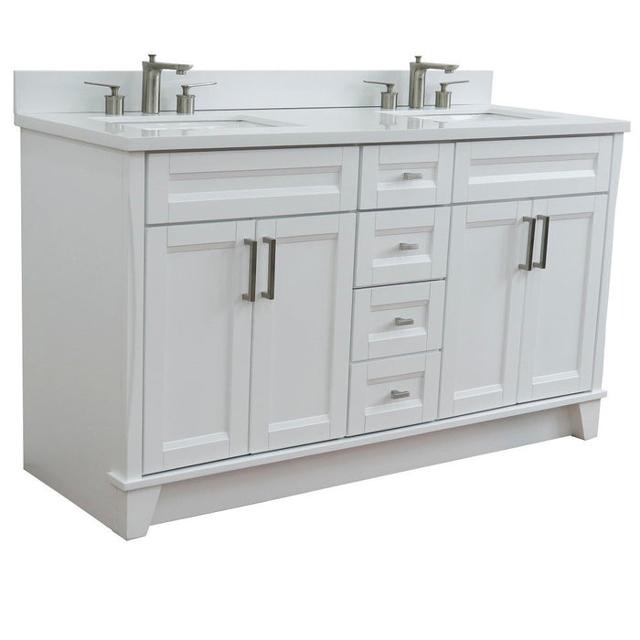 Bellaterra Home 61 in. Double Sink Vanity in White Finish and White Quartz and Rectangle Sink