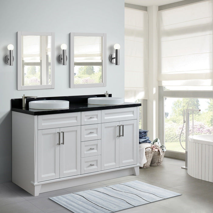 Bellaterra Home 61 in. Double Sink Vanity in White Finish and Black Galaxy Granite and Round Sink