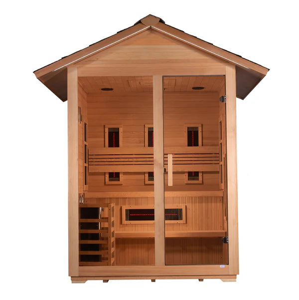 Golden Designs "Carinthia" 3 Person Hybrid (PureTech™ Full Spectrum IR or Traditional Stove) Outdoor Sauna - Canadian Hemlock GDI‐8123‐01