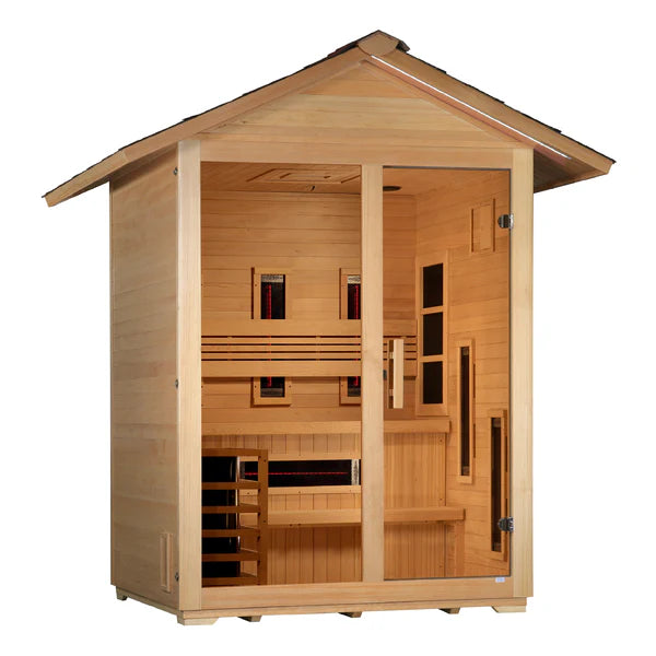 Golden Designs "Carinthia" 3 Person Hybrid (PureTech™ Full Spectrum IR or Traditional Stove) Outdoor Sauna - Canadian Hemlock GDI‐8123‐01