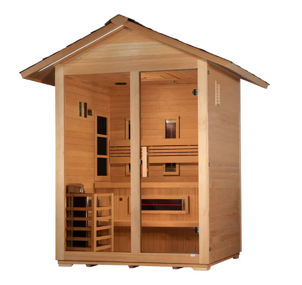 Golden Designs "Carinthia" 3 Person Hybrid (PureTech™ Full Spectrum IR or Traditional Stove) Outdoor Sauna - Canadian Hemlock GDI‐8123‐01