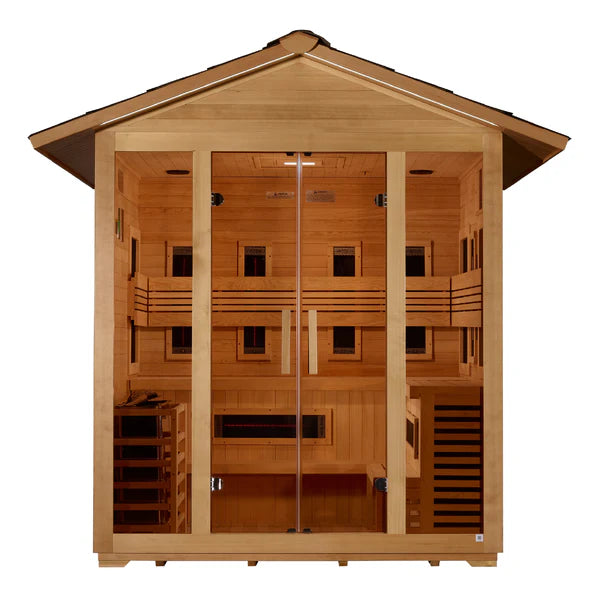 Golden Designs "Gargellen" 5 Person Hybrid (PureTech™ Full Spectrum IR or Traditional Stove) Outdoor Sauna - Canadian Hemlock GDI‐8125‐01