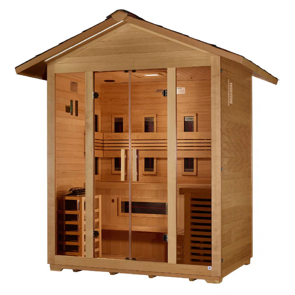 Golden Designs "Gargellen" 5 Person Hybrid (PureTech™ Full Spectrum IR or Traditional Stove) Outdoor Sauna - Canadian Hemlock GDI‐8125‐01