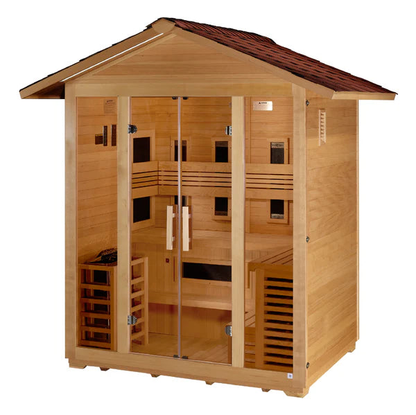 Golden Designs "Gargellen" 5 Person Hybrid (PureTech™ Full Spectrum IR or Traditional Stove) Outdoor Sauna - Canadian Hemlock GDI‐8125‐01