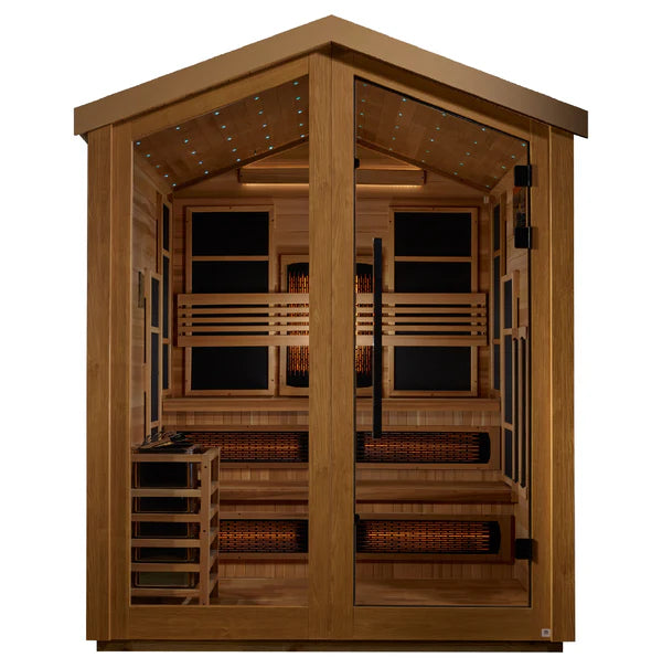 Golden Designs Kaskinen 6 Person Hybrid (PureTech™ Full Spectrum IR or Traditional Stove) Outdoor Sauna - Canadian Red Cedar Interior GDI-8526-01