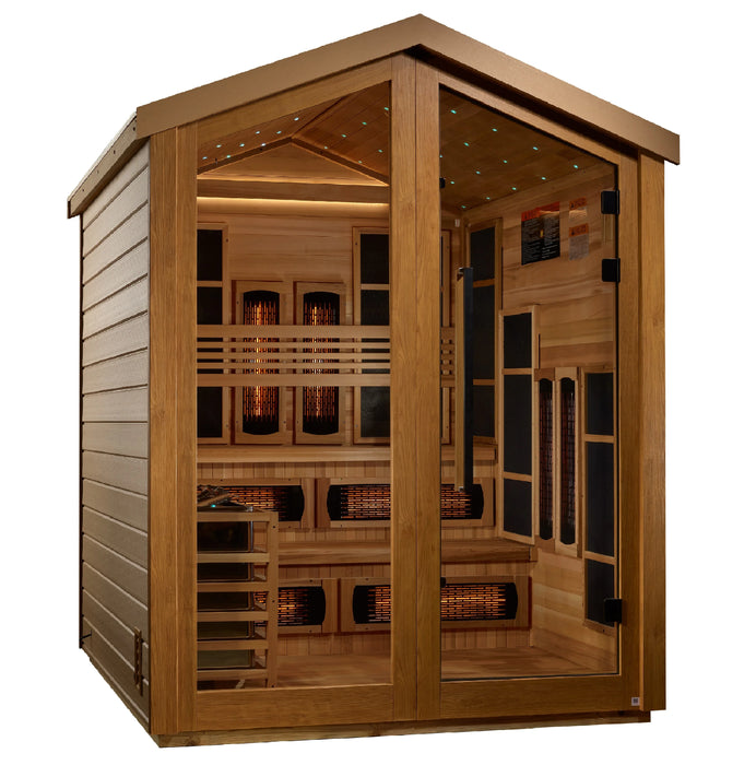 Golden Designs Kaskinen 6 Person Hybrid (PureTech™ Full Spectrum IR or Traditional Stove) Outdoor Sauna - Canadian Red Cedar Interior GDI-8526-01