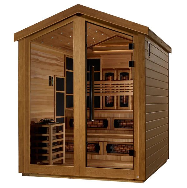 Golden Designs Kaskinen 6 Person Hybrid (PureTech™ Full Spectrum IR or Traditional Stove) Outdoor Sauna - Canadian Red Cedar Interior GDI-8526-01