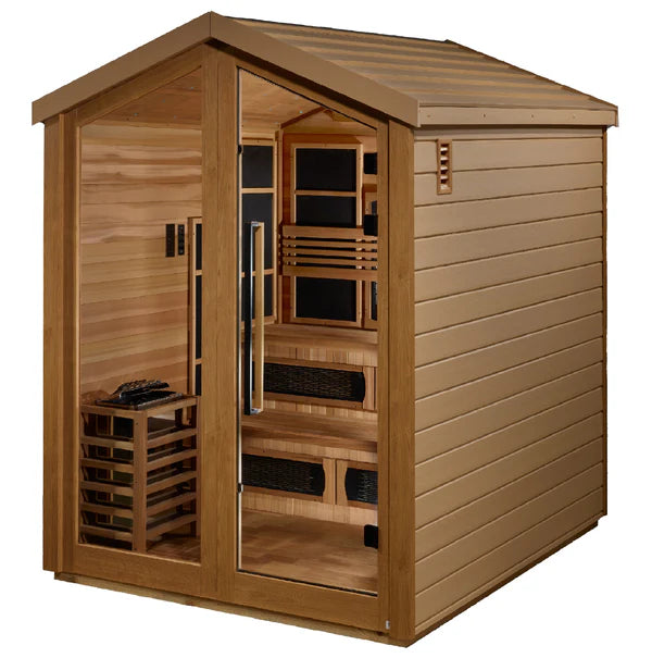 Golden Designs Kaskinen 6 Person Hybrid (PureTech™ Full Spectrum IR or Traditional Stove) Outdoor Sauna - Canadian Red Cedar Interior GDI-8526-01