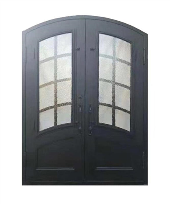 Aleko Iron Arched Top Minimalist Glass-Panel Dual Door with Frame and Threshold - 92 x 72 Inches - Matte Black IDR7296BK15-AP