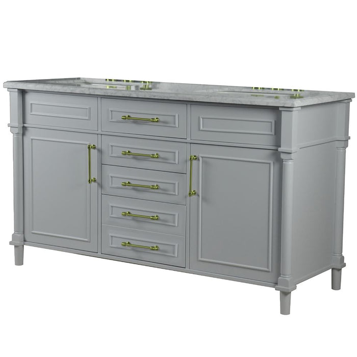 Bellaterra Home Napa 60 in. Double Vanity in Light Gray with White Carrara Marble Top with Gold Hardware
