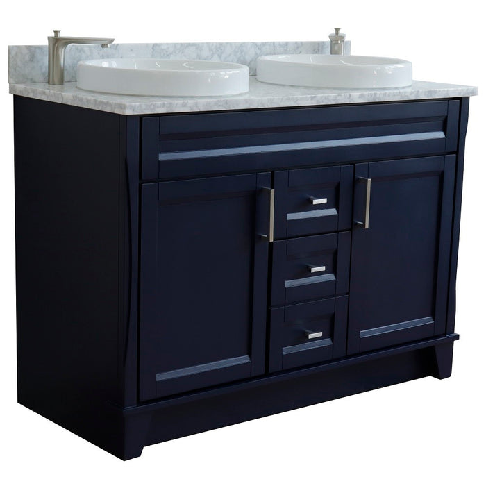 Bellaterra Home 49 in. Double Sink Vanity in Blue Finish with White Carrara Marble and Round Sink