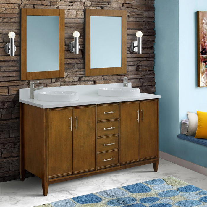 Bellaterra Home 61 in. Double Sink Vanity in Walnut Finish with White Quartz and Round Sink