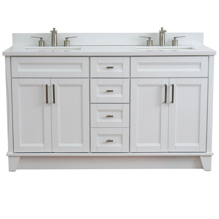 Bellaterra Home 61 in. Double Sink Vanity in White Finish and White Quartz and Rectangle Sink