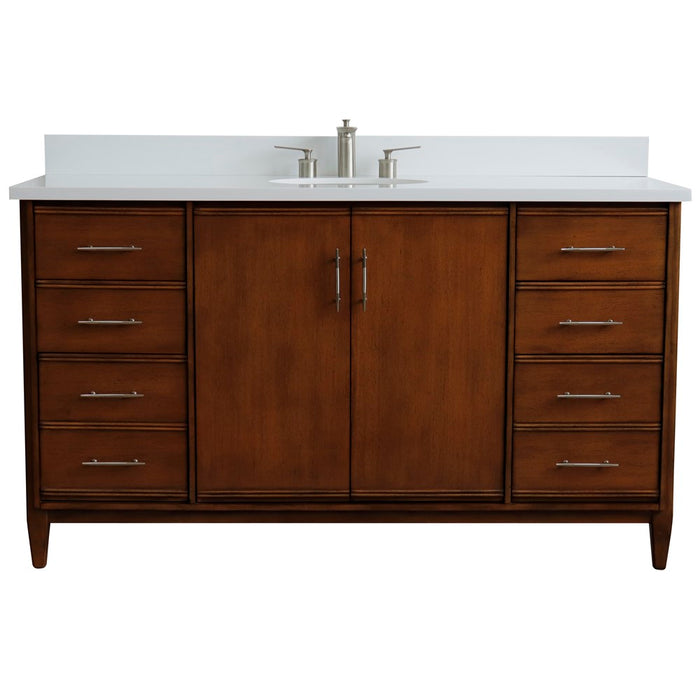 Bellaterra Home 61 in. Single Sink Vanity in Walnut Finish with White Quartz and Oval Sink