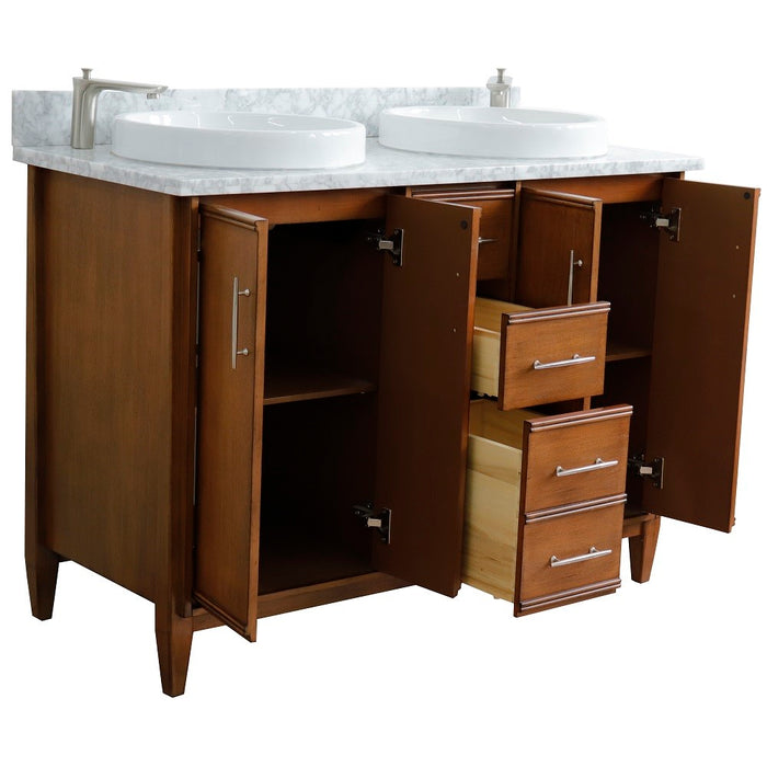 Bellaterra Home 49 in. Double Sink Vanity in Walnut Finish with White Carrara Marble and Round Sink