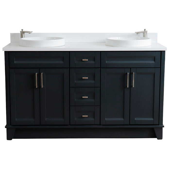 Bellaterra Home 61 in. Double Sink Vanity in Dark Gray Finish and White Quartz and Round Sink