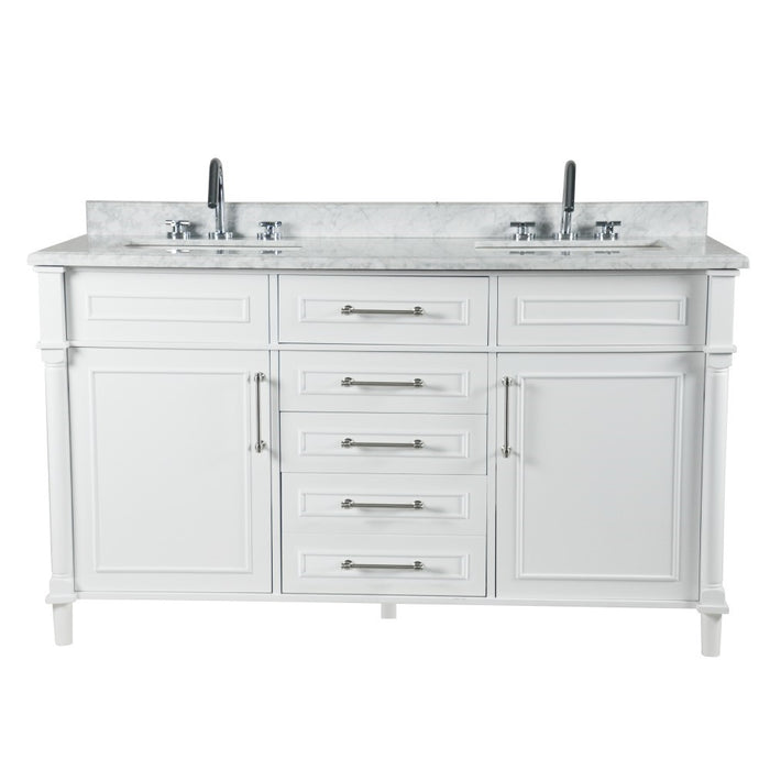 Bellaterra Home Napa 60 in. Double Vanity in White with White Carrara Marble Top with Brushed Nickel Hardware