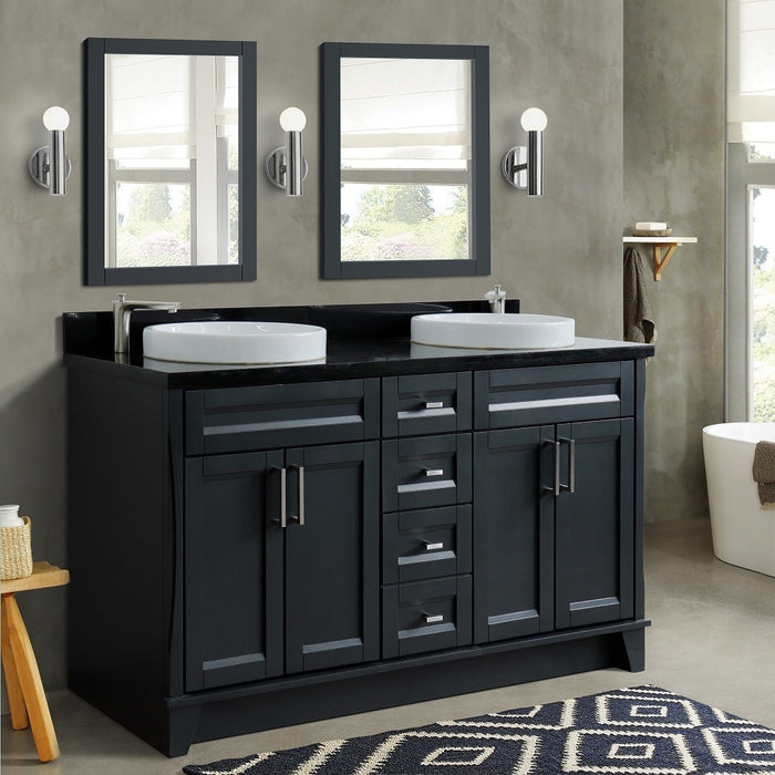 Bellaterra Home 61 in. Double Sink Vanity in Dark Gray Finish and Black Galaxy Granite and Round Sink