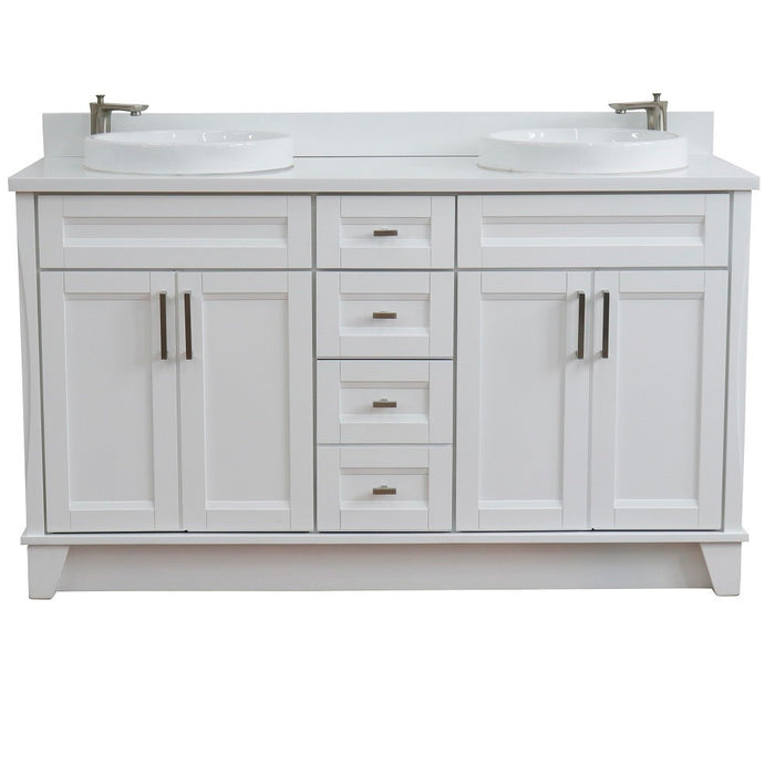 Bellaterra Home 61 in. Double Sink Vanity in White Finish and White Quartz and Round Sink
