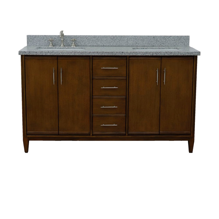 Bellaterra Home 61 in. Double Sink Vanity in Walnut Finish with Gray Granite and Rectangle Sink