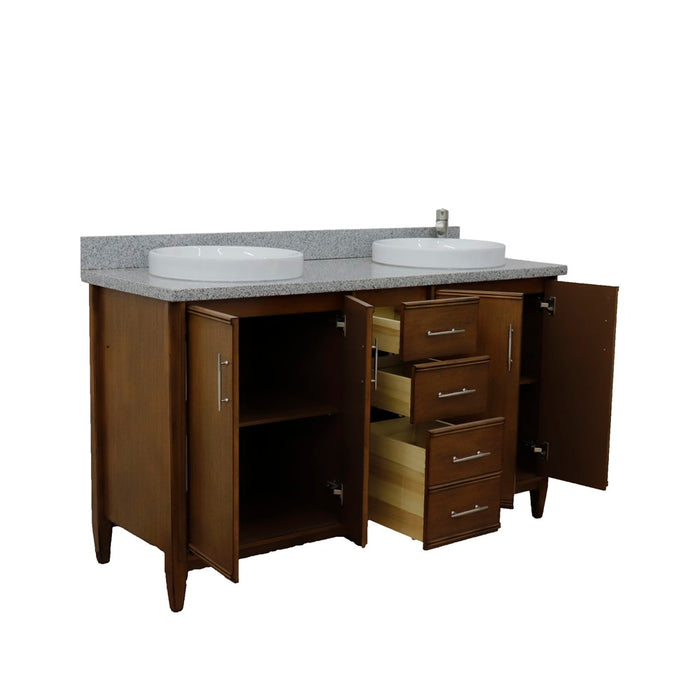 Bellaterra Home 61 in. Double Sink Vanity in Walnut Finish with Gray Granite and Round Sink