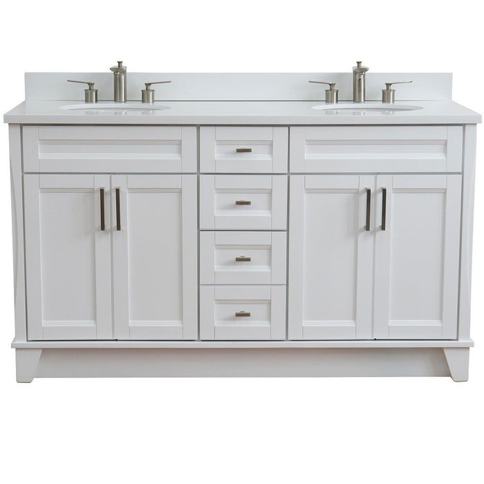 Bellaterra Home 61 in. Double Sink Vanity in White Finish and White Quartz and Oval Sink