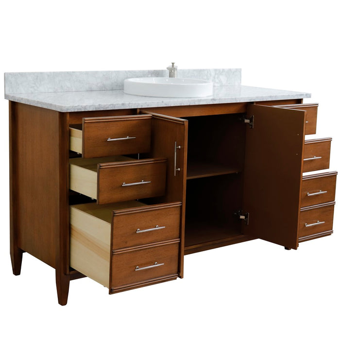 Bellaterra Home 61 in. Single Sink Vanity in Walnut Finish with White Carrara Marble and Round Sink