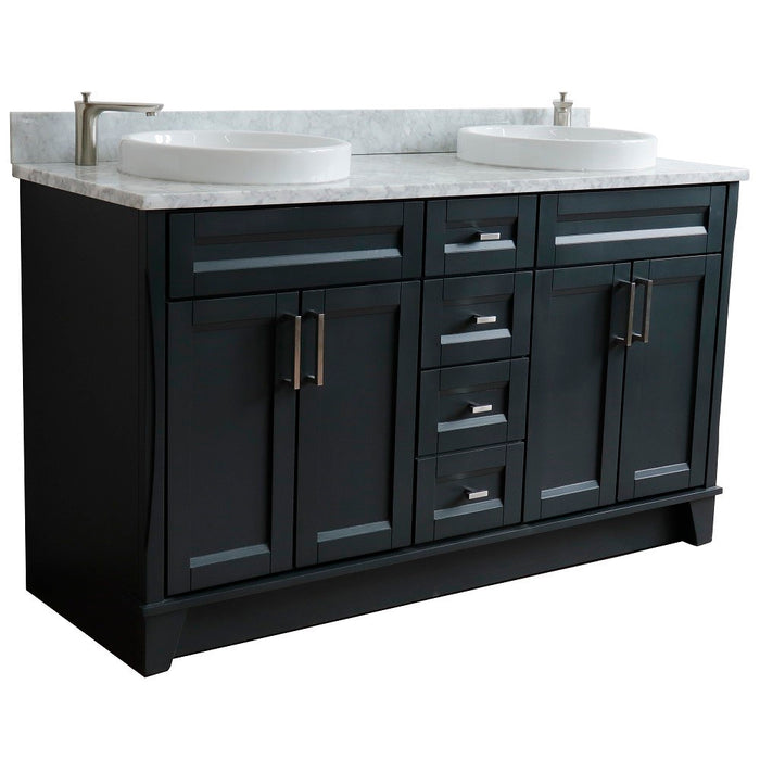 Bellaterra Home 61 in. Double Sink Vanity in Dark Gray Finish and White Carrara Marble and Round Sink