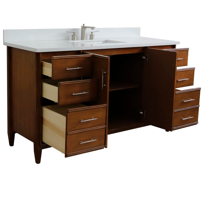 Bellaterra Home 61 in. Single Sink Vanity in Walnut Finish with White Quartz and Rectangle Sink